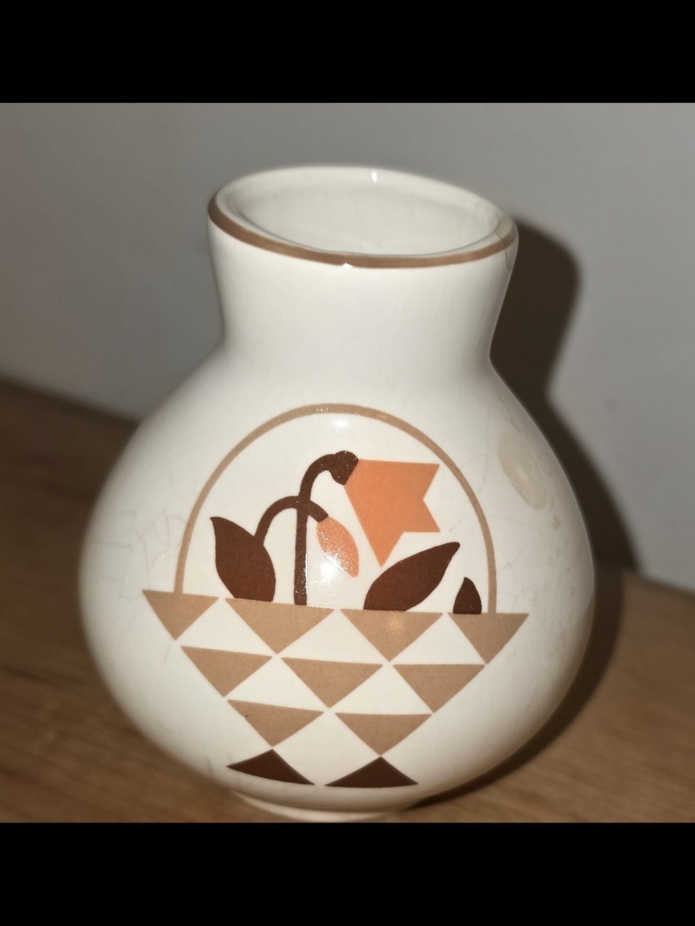 Vintage Ceramic Bud Vase with Geometric Flower Motif - Cream & Brown